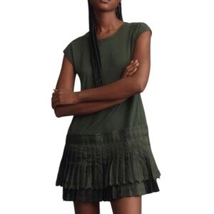 Anthropologie Daily Practice Mini T Shirt Dress Dark Green Pleated Hem Medium.